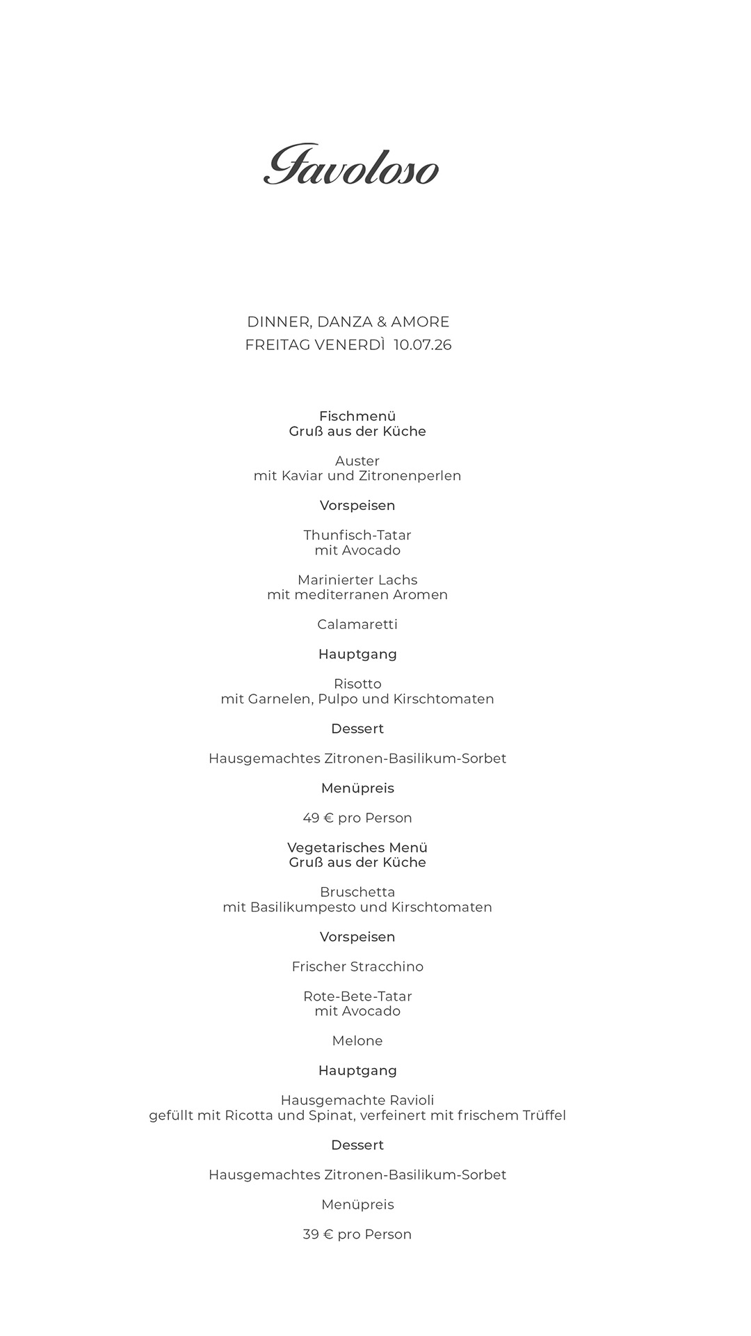 DINNER DANZA AMORE, MENU 10.07.2026